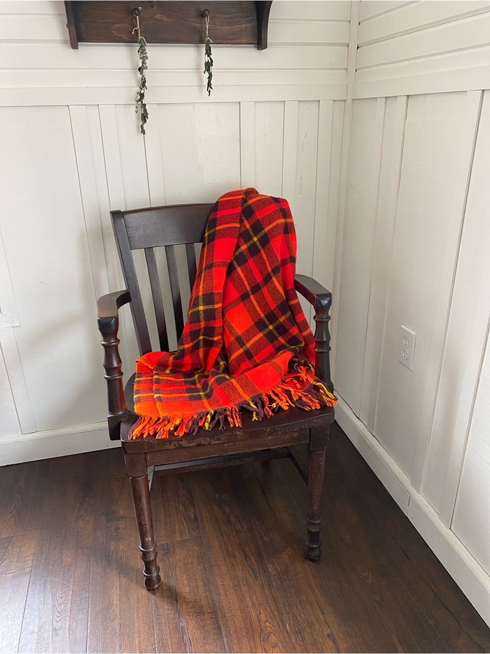 Vintage Faribo Wool Plaid Tartan Fringe Red/Orange Brown & Yellow Throw Blanket